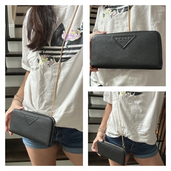 💯 PRADA Logo Black Saffiano Zippered Leather Wallet of Chain w/ auth card - Picture 12 of 12